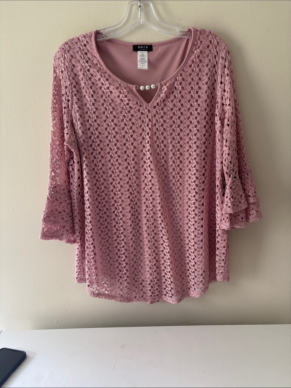 Onyx Dusty Rose Crochet Pearl-Accent Blouse